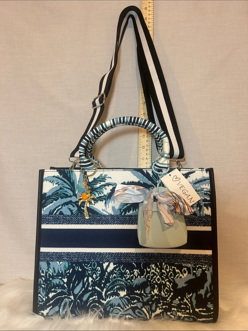 Canvas Tote Bag Palm Trees Tropical Coastal Vibe in Blue White w Shoulder Strap